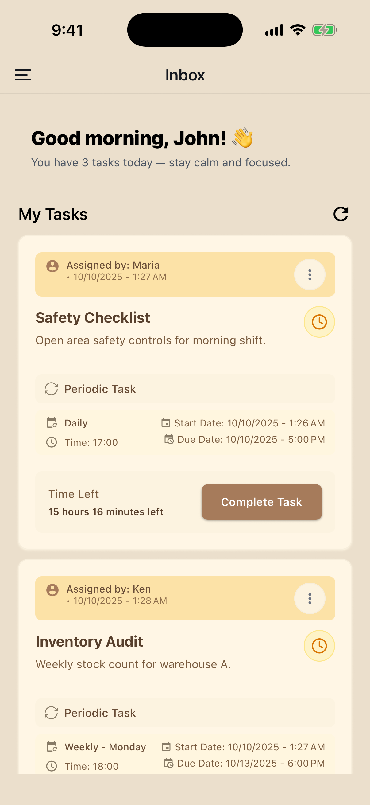 App inbox screen screenshot showing 3 tasks